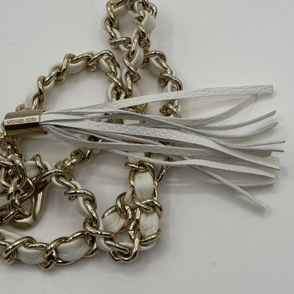 MICHAEL KORS Gold Tone Stainless Steel Metal Chain Belt White Vegan Tassel Sz S